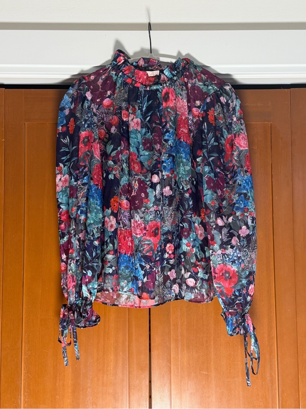 Anthropologie Hutch Romantic Boho Floral Mock Neck Sheer Tie Wrist Top Size XS